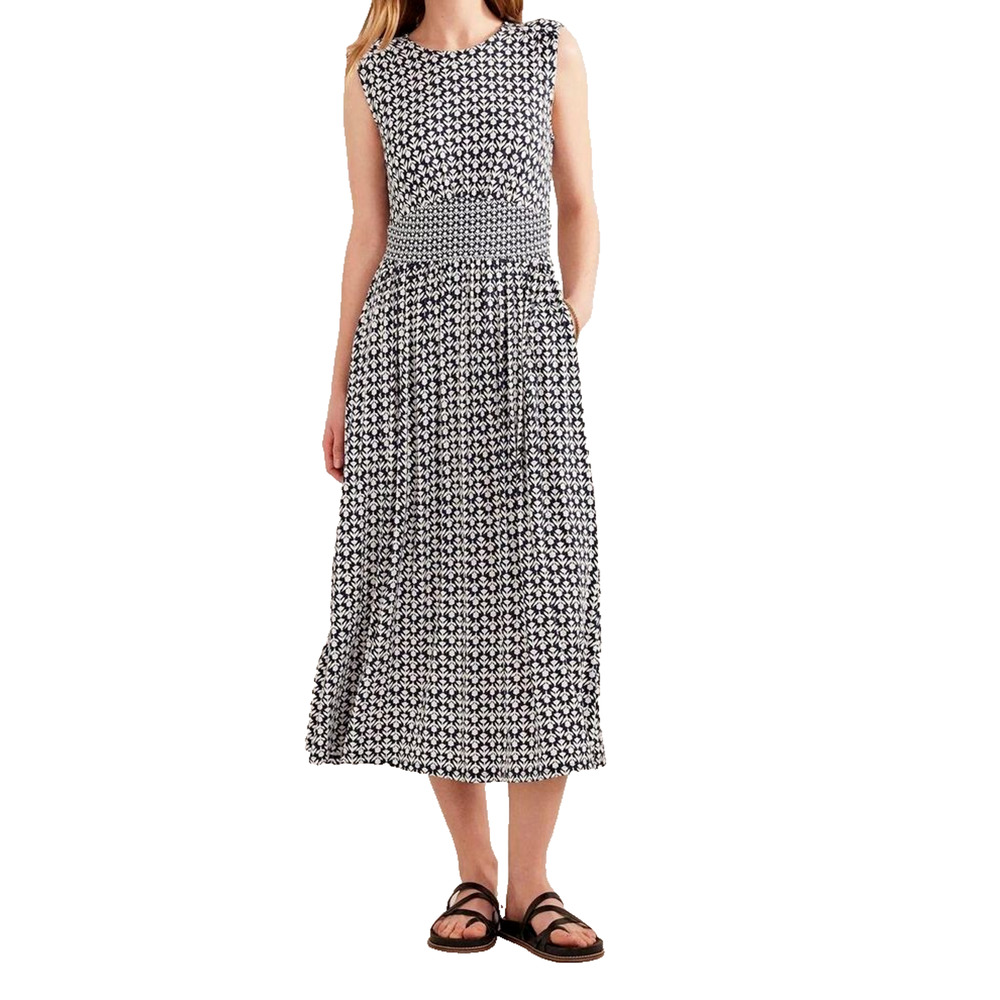 Boden Navy White Tulip Floral Sleeveless Midi Dress Sz 12 Jersey Stretch Casual